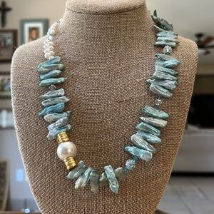 Aqua Blue Pearl Necklace with vermeil accent, fresh water pearls and crystals .